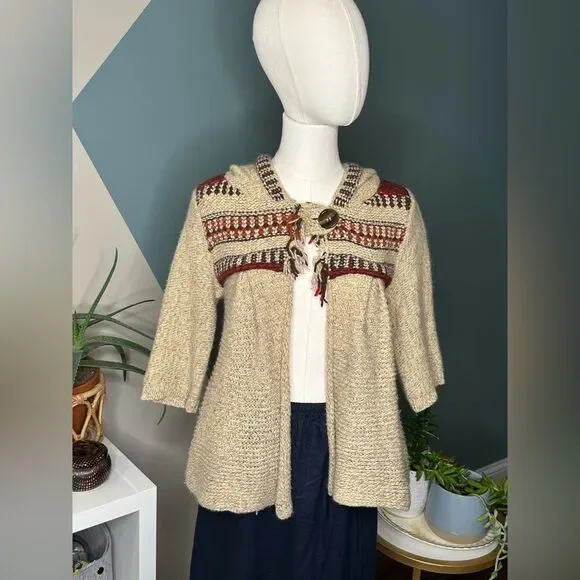 Free People Fitted Boho Hooded Knit Cardigan Sweater Chunky Wool Blend Cozy Sz M - Picture 1 of 10